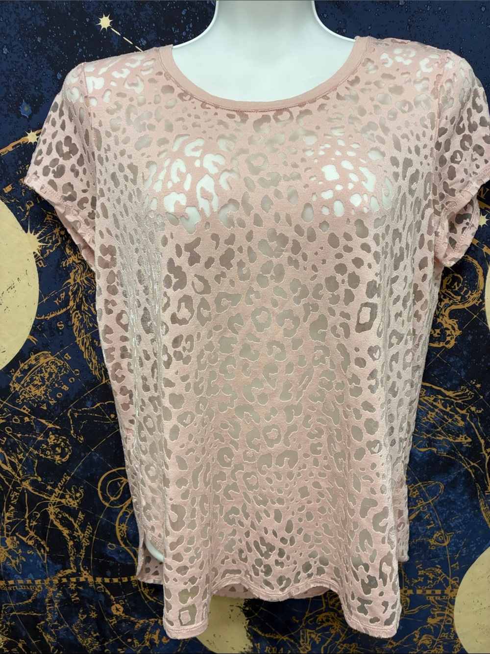 Worthington Blush Pink Sheer Leopard Burnout Short Sleeve Top